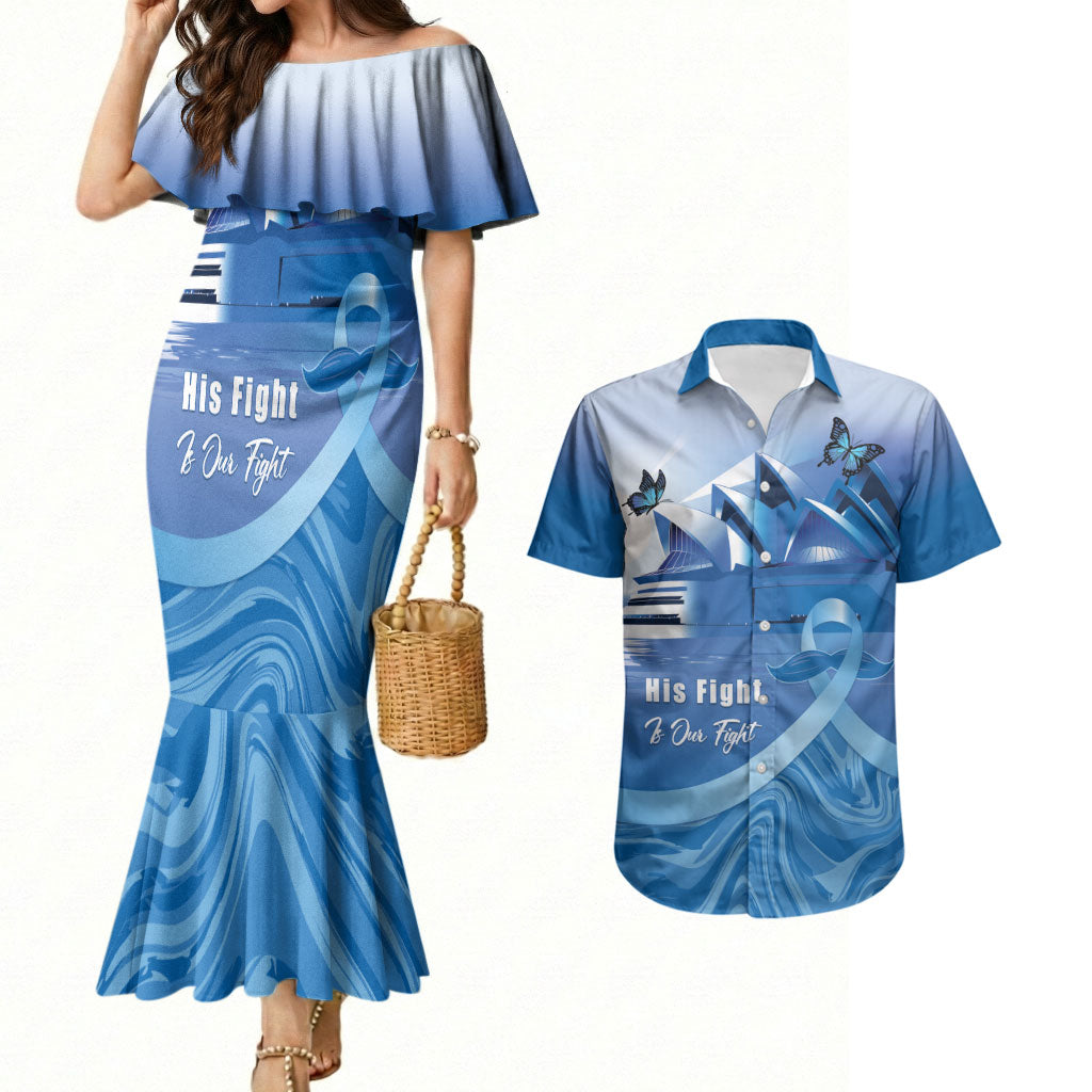Personalised Australia Prostate Cancer Awareness Couples Matching Mermaid Dress and Hawaiian Shirt Aussie Blue Ribbon Sydney Opera House