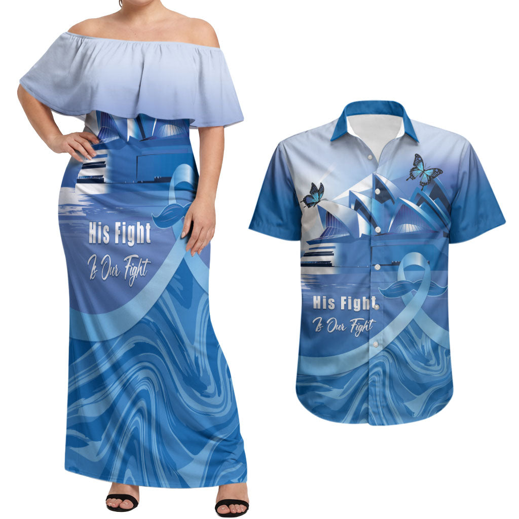 Personalised Australia Prostate Cancer Awareness Couples Matching Off Shoulder Maxi Dress and Hawaiian Shirt Aussie Blue Ribbon Sydney Opera House