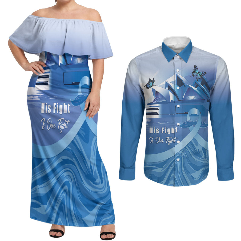 Personalised Australia Prostate Cancer Awareness Couples Matching Off Shoulder Maxi Dress and Long Sleeve Button Shirt Aussie Blue Ribbon Sydney Opera House