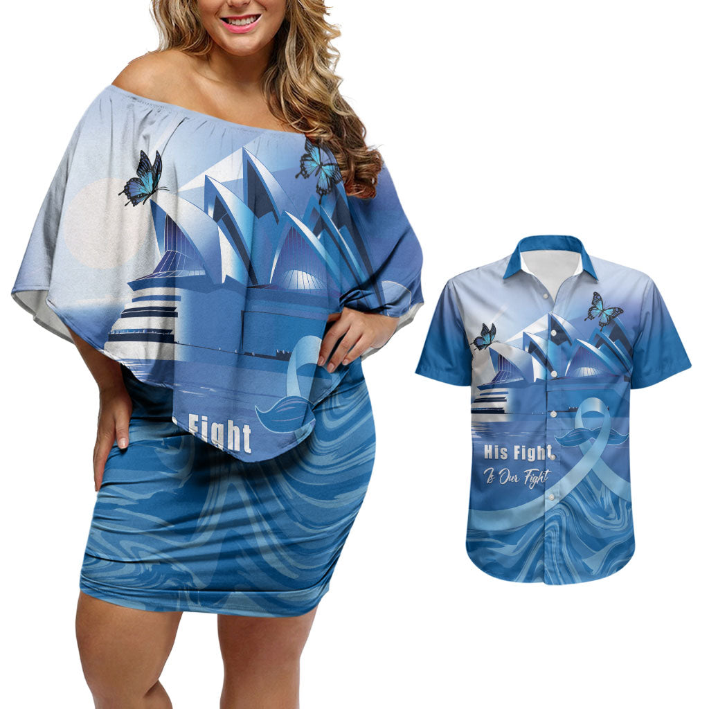 Personalised Australia Prostate Cancer Awareness Couples Matching Off Shoulder Short Dress and Hawaiian Shirt Aussie Blue Ribbon Sydney Opera House