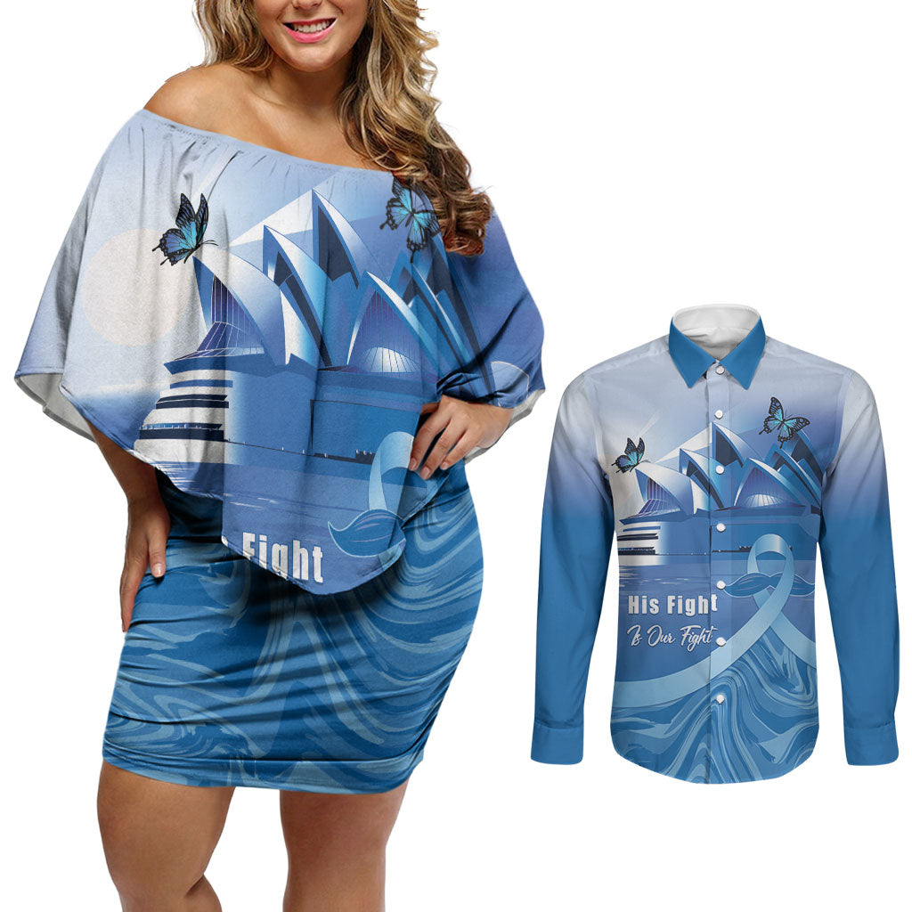 Personalised Australia Prostate Cancer Awareness Couples Matching Off Shoulder Short Dress and Long Sleeve Button Shirt Aussie Blue Ribbon Sydney Opera House