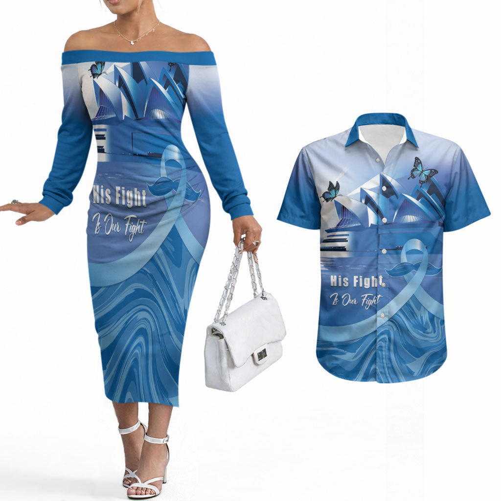 Personalised Australia Prostate Cancer Awareness Couples Matching Off The Shoulder Long Sleeve Dress and Hawaiian Shirt Aussie Blue Ribbon Sydney Opera House