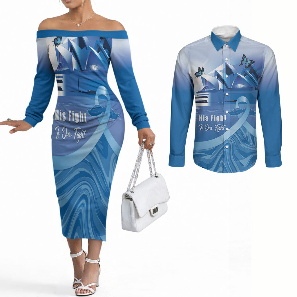 Personalised Australia Prostate Cancer Awareness Couples Matching Off The Shoulder Long Sleeve Dress and Long Sleeve Button Shirt Aussie Blue Ribbon Sydney Opera House