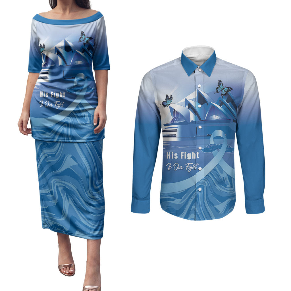Personalised Australia Prostate Cancer Awareness Couples Matching Puletasi and Long Sleeve Button Shirt Aussie Blue Ribbon Sydney Opera House