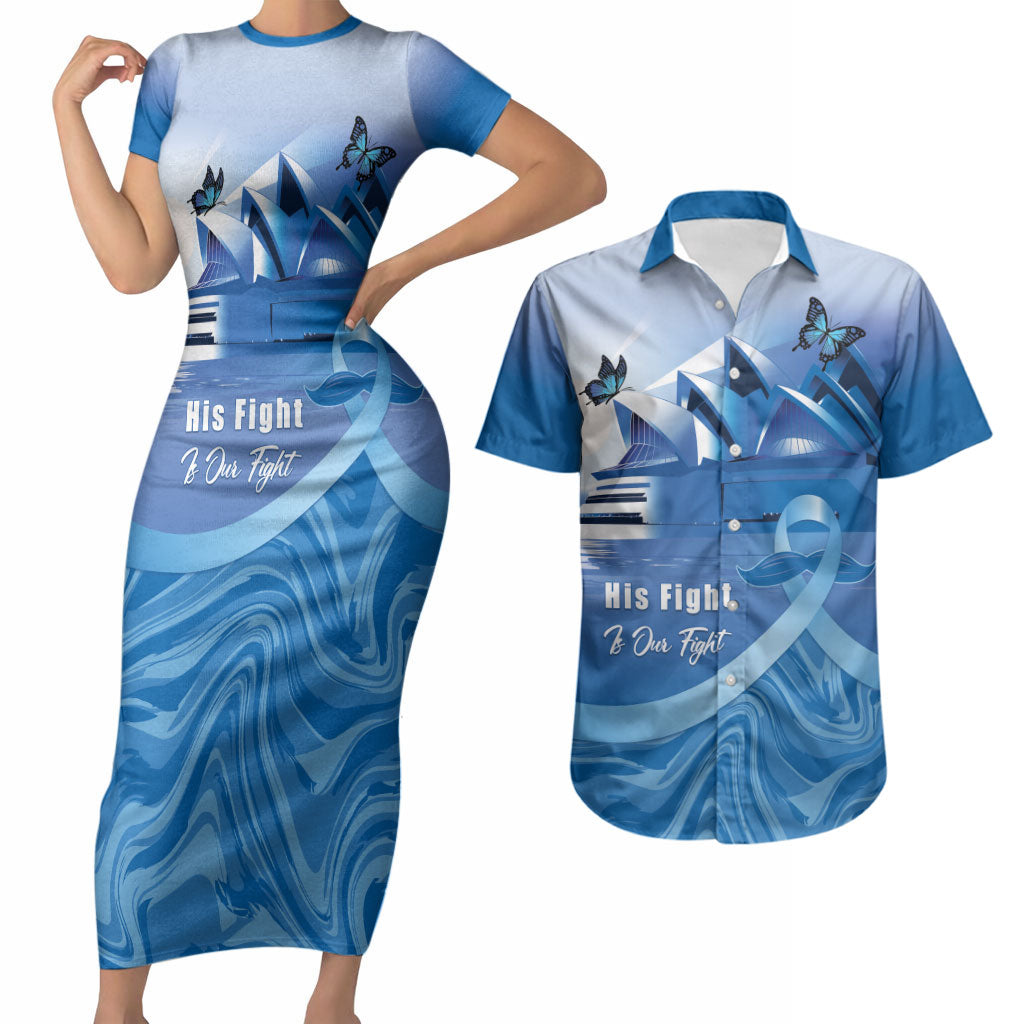 Personalised Australia Prostate Cancer Awareness Couples Matching Short Sleeve Bodycon Dress and Hawaiian Shirt Aussie Blue Ribbon Sydney Opera House