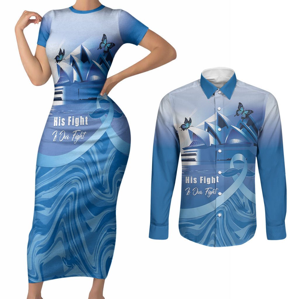 Personalised Australia Prostate Cancer Awareness Couples Matching Short Sleeve Bodycon Dress and Long Sleeve Button Shirt Aussie Blue Ribbon Sydney Opera House