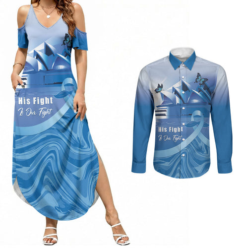 Personalised Australia Prostate Cancer Awareness Couples Matching Summer Maxi Dress and Long Sleeve Button Shirt Aussie Blue Ribbon Sydney Opera House