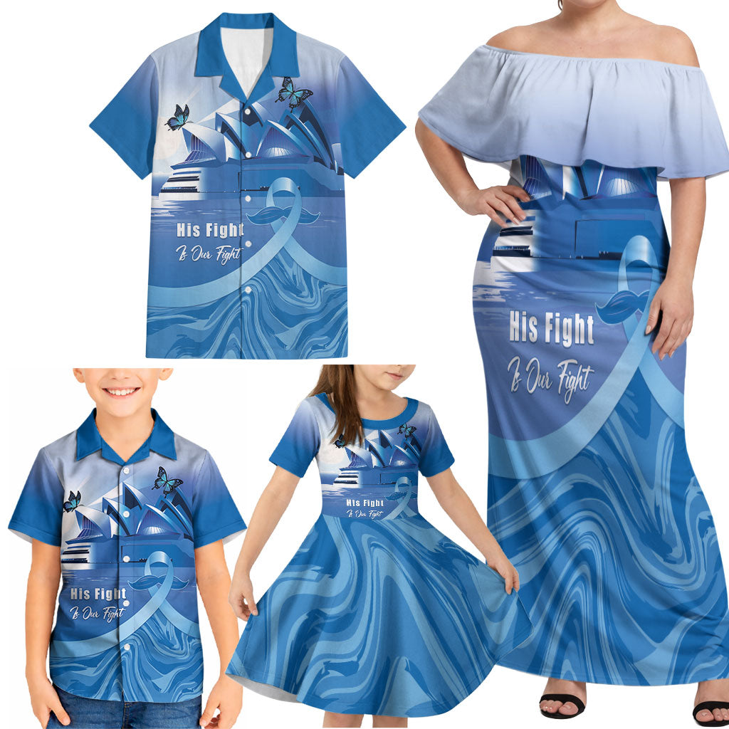 Personalised Australia Prostate Cancer Awareness Family Matching Off Shoulder Maxi Dress and Hawaiian Shirt Aussie Blue Ribbon Sydney Opera House