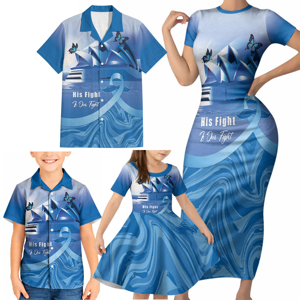 Personalised Australia Prostate Cancer Awareness Family Matching Short Sleeve Bodycon Dress and Hawaiian Shirt Aussie Blue Ribbon Sydney Opera House