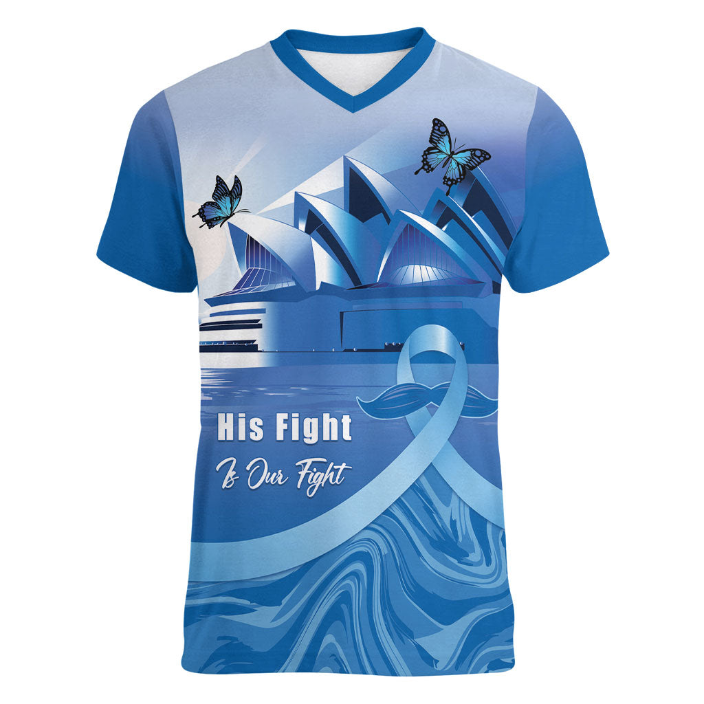 Personalised Australia Prostate Cancer Awareness Women V-Neck T-Shirt Aussie Blue Ribbon Sydney Opera House