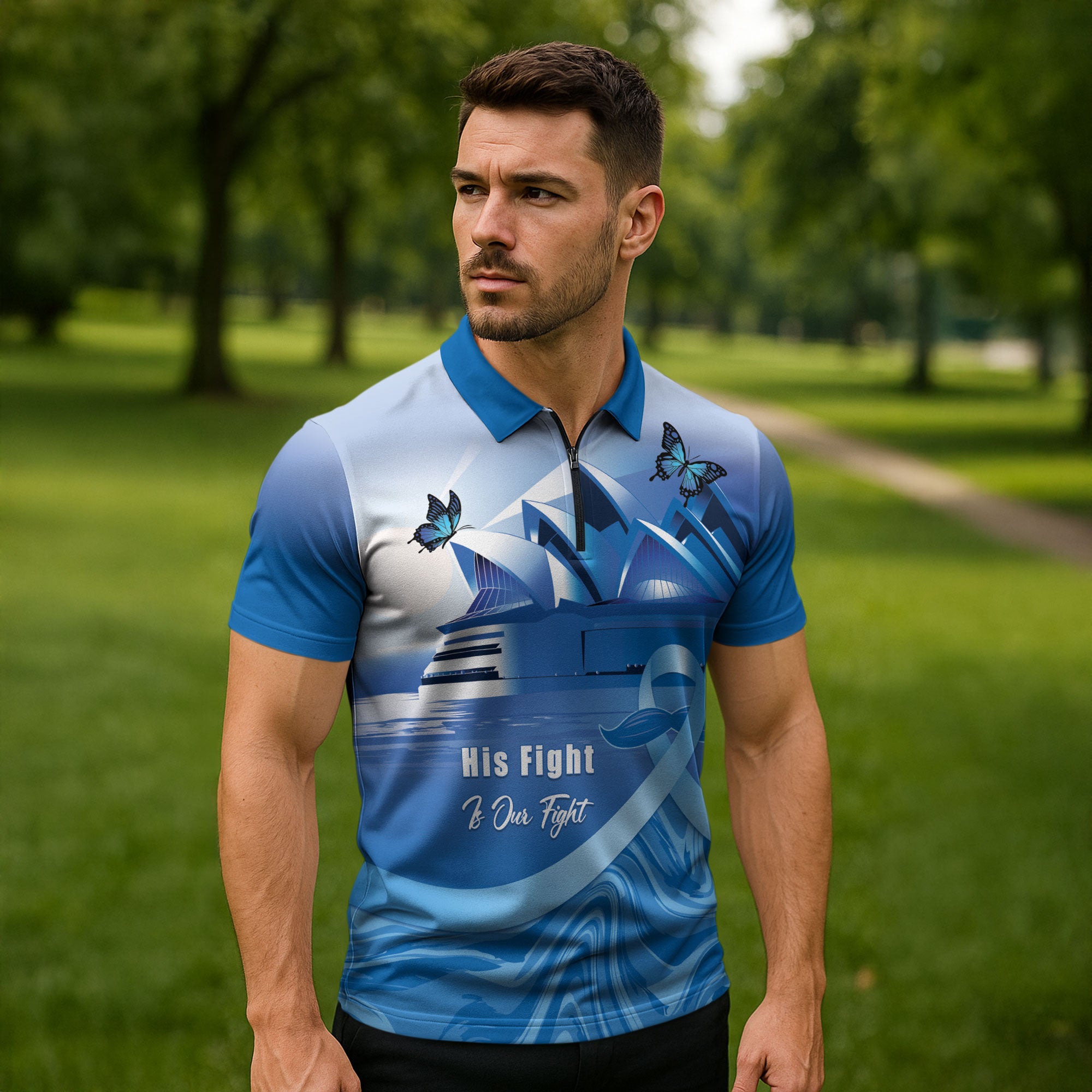 Personalised Australia Prostate Cancer Awareness Zipper Polo Shirt Aussie Blue Ribbon Sydney Opera House