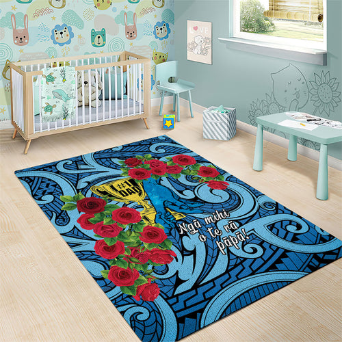 New Zealand Father's Day Area Rug Best Dad Trophy Red Rose Maori Pattern
