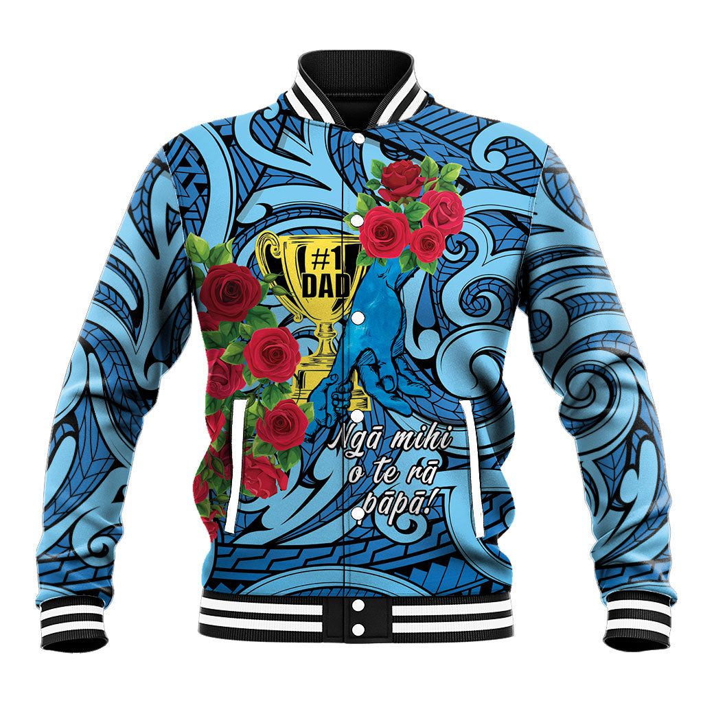Personalised New Zealand Father's Day Baseball Jacket Best Dad Trophy Red Rose Maori Pattern