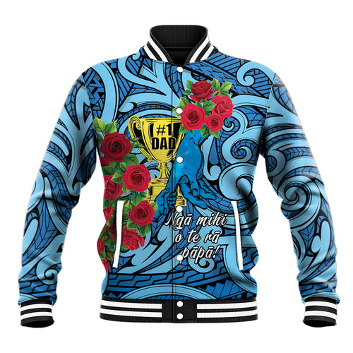 Personalised New Zealand Father's Day Baseball Jacket Best Dad Trophy Red Rose Maori Pattern