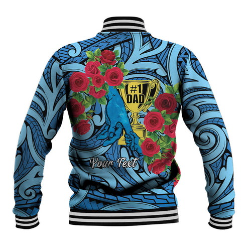 Personalised New Zealand Father's Day Baseball Jacket Best Dad Trophy Red Rose Maori Pattern