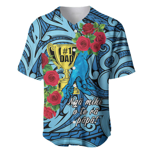 Personalised New Zealand Father's Day Baseball Jersey Best Dad Trophy Red Rose Maori Pattern