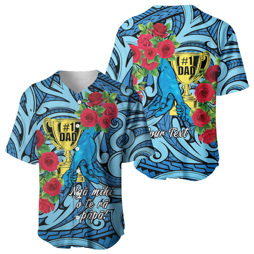Personalised New Zealand Father's Day Baseball Jersey Best Dad Trophy Red Rose Maori Pattern