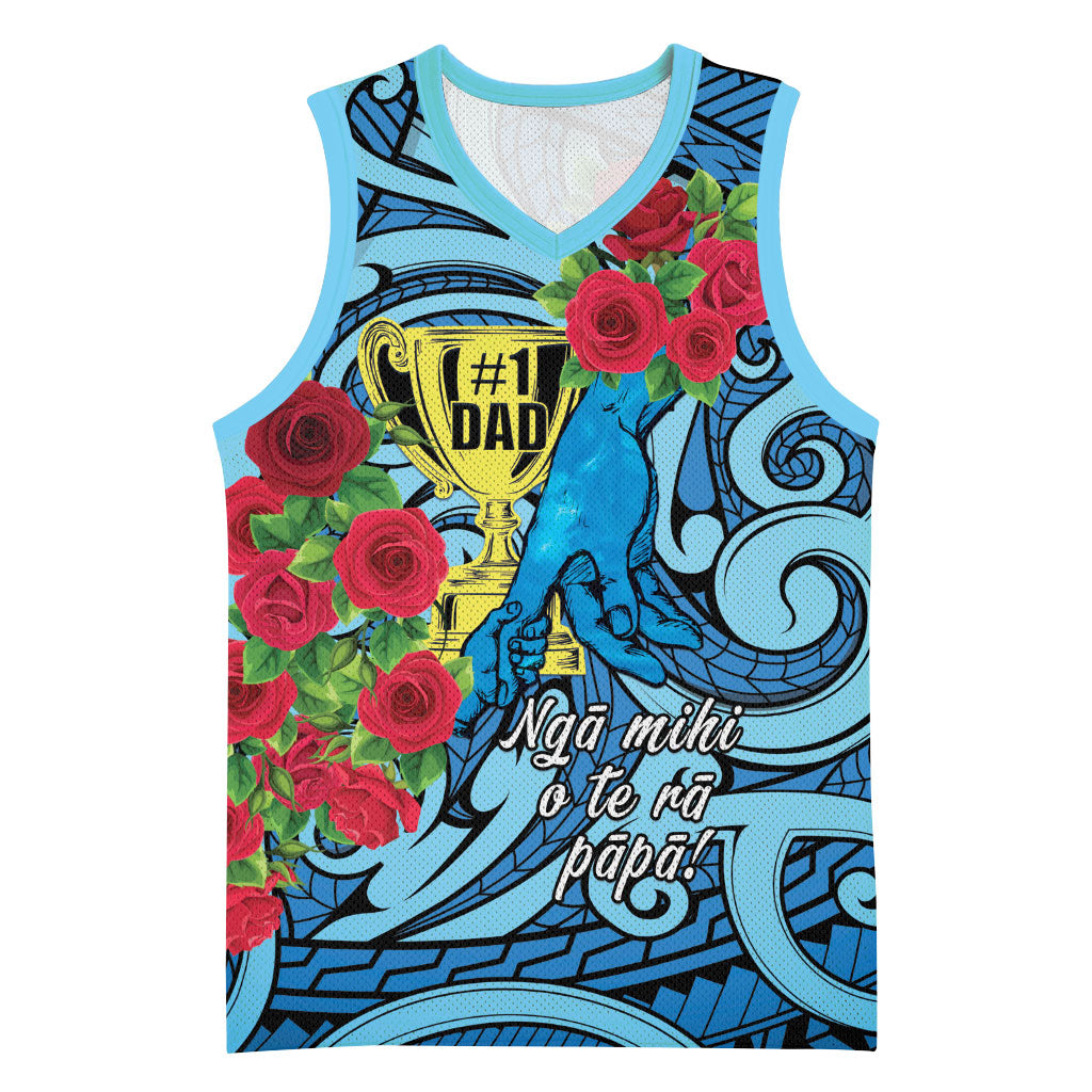 Personalised New Zealand Father's Day Basketball Jersey Best Dad Trophy Red Rose Maori Pattern