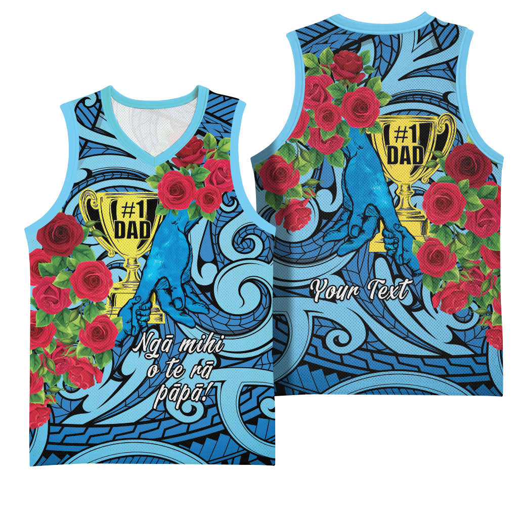 Personalised New Zealand Father's Day Basketball Jersey Best Dad Trophy Red Rose Maori Pattern