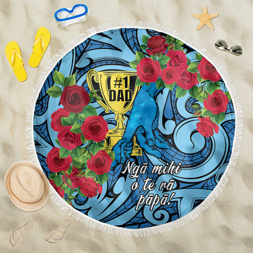 New Zealand Father's Day Beach Blanket Best Dad Trophy Red Rose Maori Pattern
