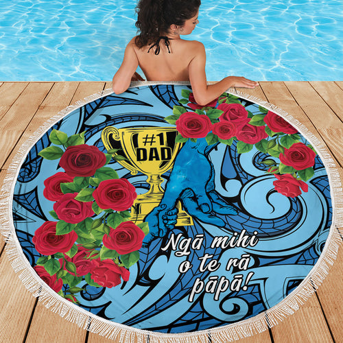 New Zealand Father's Day Beach Blanket Best Dad Trophy Red Rose Maori Pattern