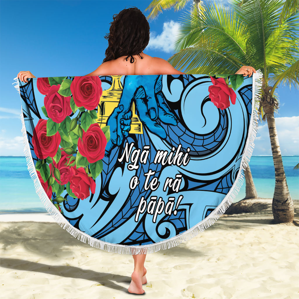 New Zealand Father's Day Beach Blanket Best Dad Trophy Red Rose Maori Pattern