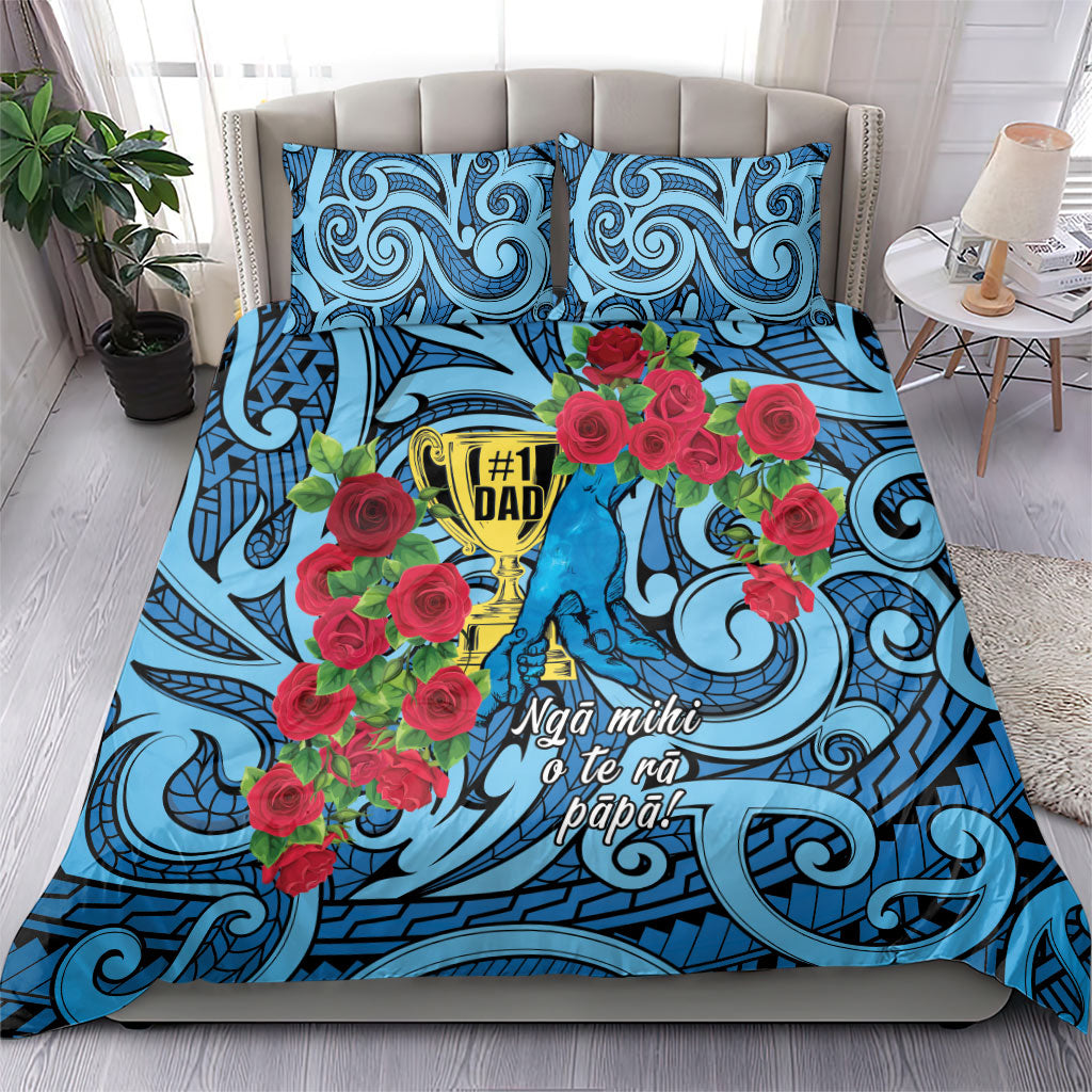 New Zealand Father's Day Bedding Set Best Dad Trophy Red Rose Maori Pattern
