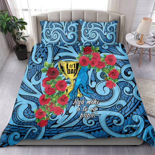 New Zealand Father's Day Bedding Set Best Dad Trophy Red Rose Maori Pattern