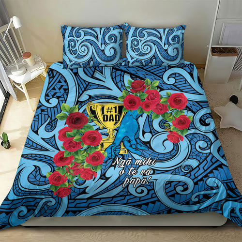 New Zealand Father's Day Bedding Set Best Dad Trophy Red Rose Maori Pattern