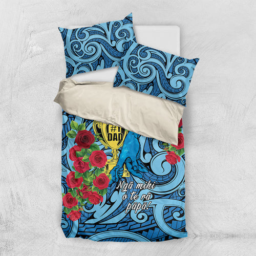 New Zealand Father's Day Bedding Set Best Dad Trophy Red Rose Maori Pattern
