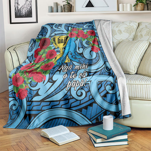 New Zealand Father's Day Blanket Best Dad Trophy Red Rose Maori Pattern