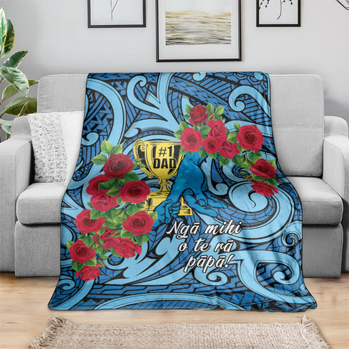 New Zealand Father's Day Blanket Best Dad Trophy Red Rose Maori Pattern