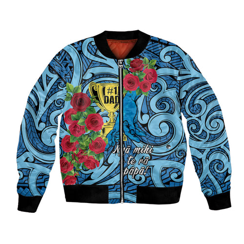 Personalised New Zealand Father's Day Bomber Jacket Best Dad Trophy Red Rose Maori Pattern