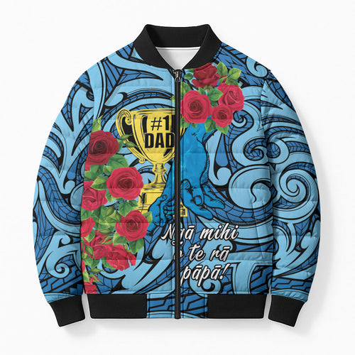 Personalised New Zealand Father's Day Bomber Puffer Jacket Best Dad Trophy Red Rose Maori Pattern
