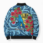 Personalised New Zealand Father's Day Bomber Puffer Jacket Best Dad Trophy Red Rose Maori Pattern