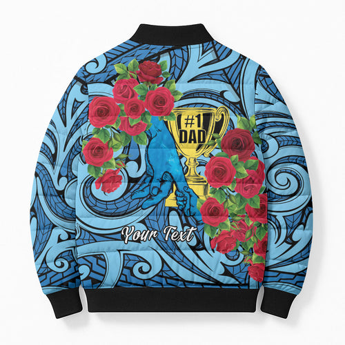Personalised New Zealand Father's Day Bomber Puffer Jacket Best Dad Trophy Red Rose Maori Pattern