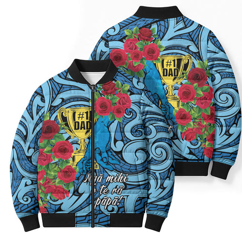 Personalised New Zealand Father's Day Bomber Puffer Jacket Best Dad Trophy Red Rose Maori Pattern
