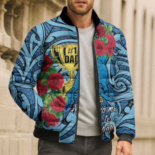Personalised New Zealand Father's Day Bomber Puffer Jacket Best Dad Trophy Red Rose Maori Pattern