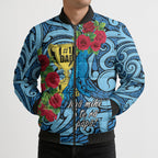 Personalised New Zealand Father's Day Bomber Puffer Jacket Best Dad Trophy Red Rose Maori Pattern