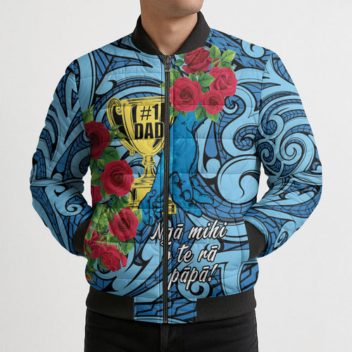 Personalised New Zealand Father's Day Bomber Puffer Jacket Best Dad Trophy Red Rose Maori Pattern