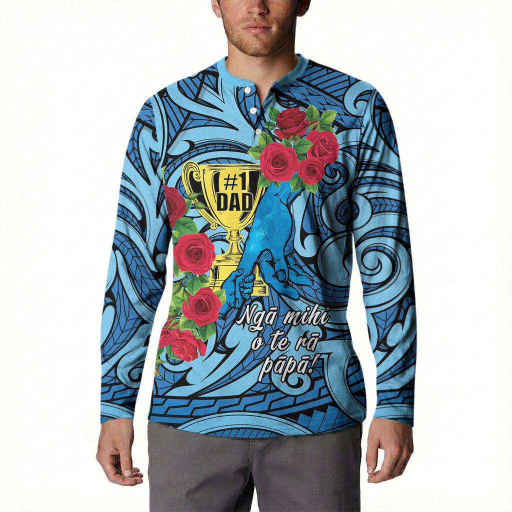 Personalised New Zealand Father's Day Button Sweatshirt Best Dad Trophy Red Rose Maori Pattern