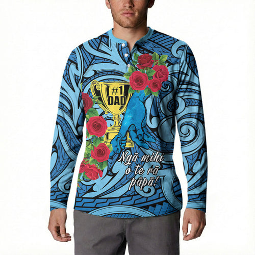 Personalised New Zealand Father's Day Button Sweatshirt Best Dad Trophy Red Rose Maori Pattern
