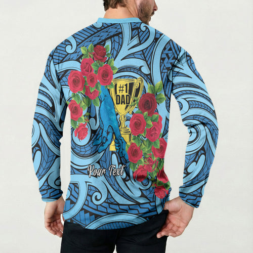 Personalised New Zealand Father's Day Button Sweatshirt Best Dad Trophy Red Rose Maori Pattern