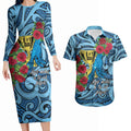 Personalised New Zealand Father's Day Couples Matching Long Sleeve Bodycon Dress and Hawaiian Shirt Best Dad Trophy Red Rose Maori Pattern