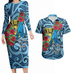 Personalised New Zealand Father's Day Couples Matching Long Sleeve Bodycon Dress and Hawaiian Shirt Best Dad Trophy Red Rose Maori Pattern