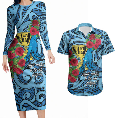 Personalised New Zealand Father's Day Couples Matching Long Sleeve Bodycon Dress and Hawaiian Shirt Best Dad Trophy Red Rose Maori Pattern