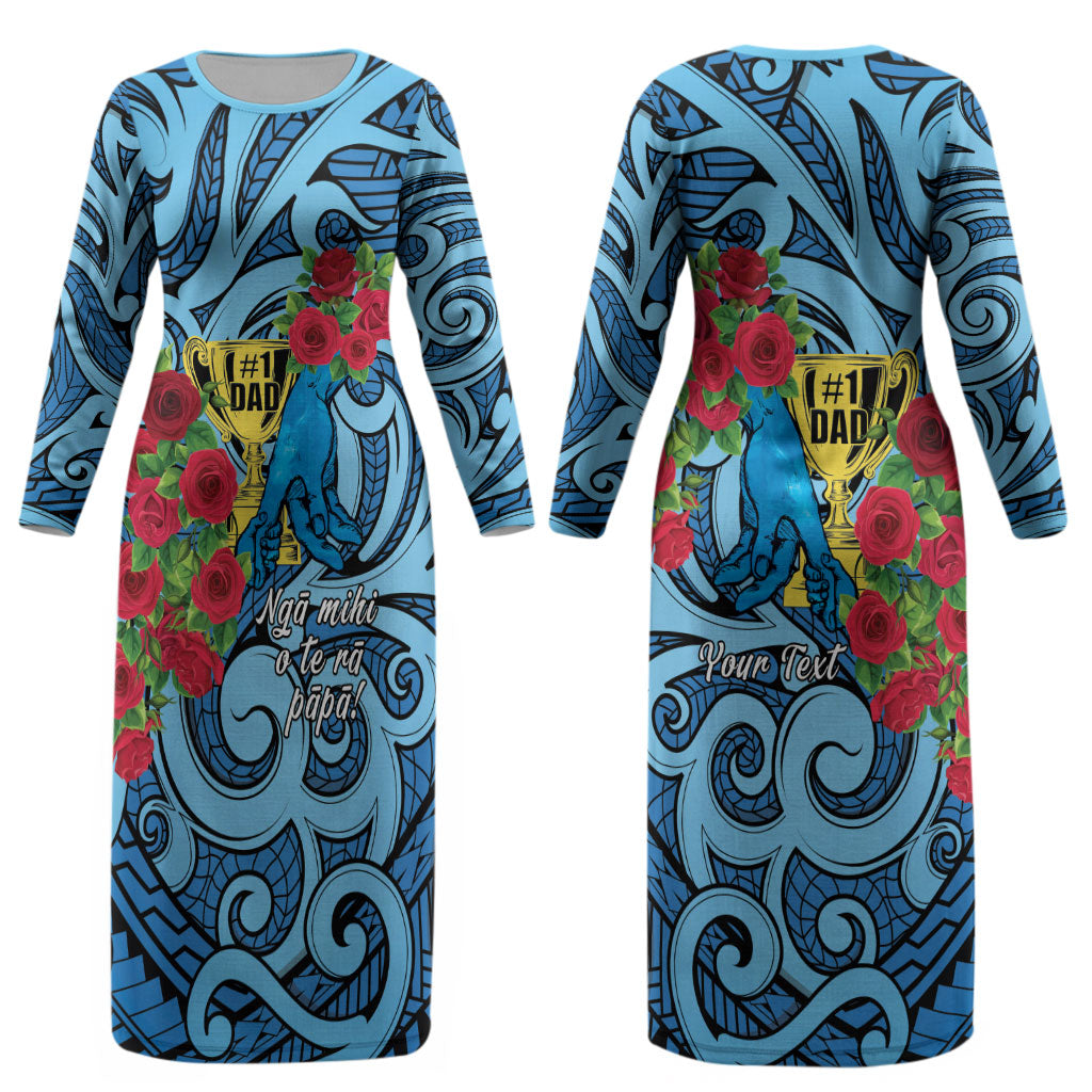 Personalised New Zealand Father's Day Couples Matching Long Sleeve Bodycon Dress and Hawaiian Shirt Best Dad Trophy Red Rose Maori Pattern