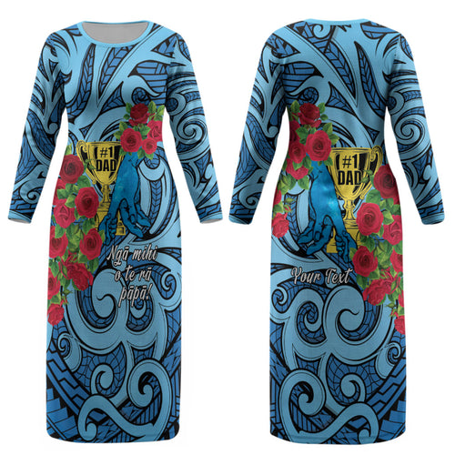 Personalised New Zealand Father's Day Couples Matching Long Sleeve Bodycon Dress and Hawaiian Shirt Best Dad Trophy Red Rose Maori Pattern