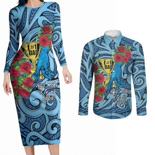 Personalised New Zealand Father's Day Couples Matching Long Sleeve Bodycon Dress and Long Sleeve Button Shirt Best Dad Trophy Red Rose Maori Pattern