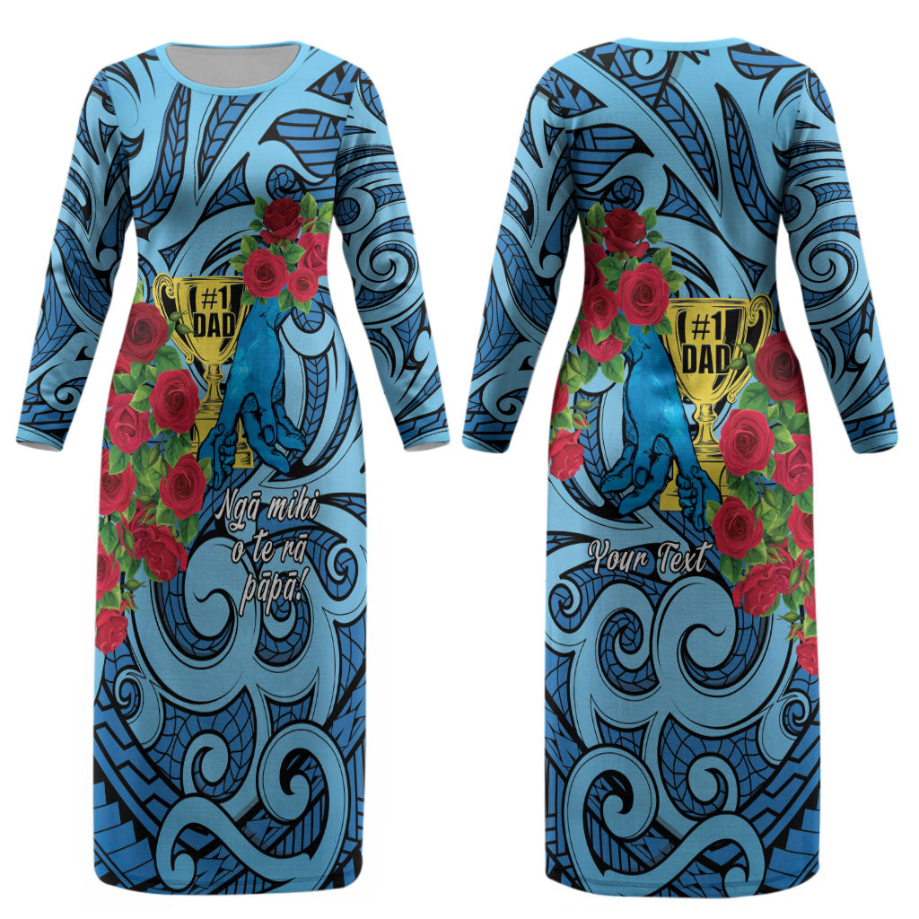 Personalised New Zealand Father's Day Couples Matching Long Sleeve Bodycon Dress and Long Sleeve Button Shirt Best Dad Trophy Red Rose Maori Pattern